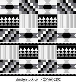 African tribal Kente mud cloth style vector seamless textile pattern, traditional geometric nwentoma design from Ghana in black, gray and white. 
Repetitive motif with abstract shapes, monochrome