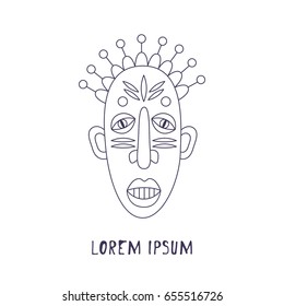 African tribal man face mask doodle drawing black and white vector illustration 