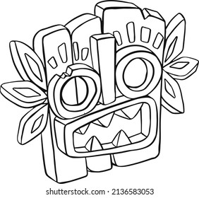 African tribal masks line, contour, coloring for children. Ritual symbols isolated on white background. flat vector illustration.