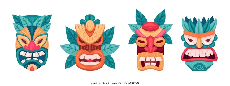 Máscaras tribais africanas. Ritual de madeira azteca ou ídolos africanos, máscaras coloridas étnicas conjunto de ilustração vetor plano. Desenhos animados cerimoniais totens tiki havaianos