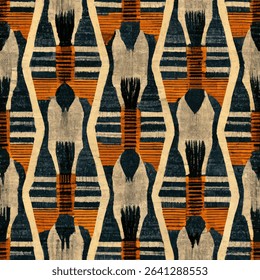 African tribal pattern, woven fabric design, in the style of blue and orange with black. grunge lines ikat pattern, striped seamless pattern, Vector illustration background for print the paper.