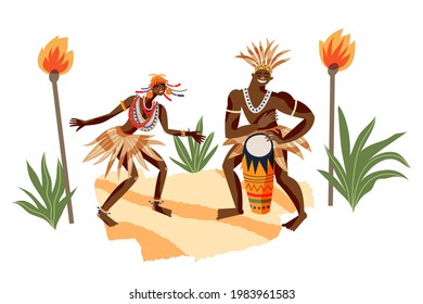 African tribal people playing music and dancing. Man and woman performing with drums in tribe vector illustration. Girl and guys with instrument. Traditional elements and ceremony.