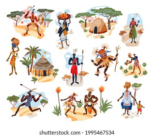 African tribal people set. Men and women, children in tribe vector illustration. Girls with harvest, food, children, guys with spears, music instruments. Traditional huts and elements.