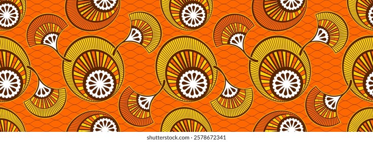 African Tribal Seamless Pattern. Abstract Circles and Leaves. Horizontal Illustration Elements. Traditional Textile Art. Fashion Fabric. Vector Design. Not Created by AI.