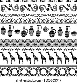 African tribal seamless pattern with animals and geometric ornaments. Abstract monochrome background. Textile design. Vector illustration.