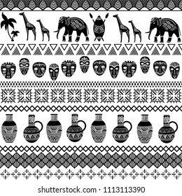 African tribal seamless pattern with animals and geometric ornaments. Abstract monochrome background. Textile design. Vector illustration.