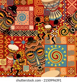 Patrón textil sin foco tribal africano, compuesto por máscaras rituales, bailarines y músicos, bongos y elementos decorativos cálidos, arte gráfico vectorial 