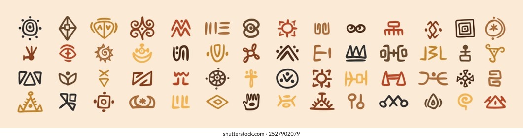 African tribal symbols Abstract geometric shapes doodle decoration set. Ethnic boho elements collection. Colorful mayan hand drawn design. . Vector illustration