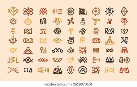 African tribal symbols Abstract geometric shapes doodle decoration set. Ethnic boho elements collection. Colorful mayan hand drawn design. . Vector illustration