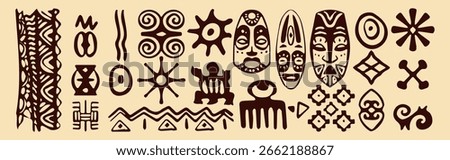 African tribal symbols and doodle patterns with masks, geometric shapes, sun motifs. Traditional ethnic design elements - spirals, waves, abstract figures for cultural art or textile decoration.