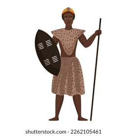 African tribal warrior man. Brave ethnic hunter, africa culture and traditions vector cartoon illustration