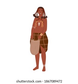 African tribal woman with braids holding bag in hands. Young female member of aboriginal Himba tribe standing in ethnic clothes. Colorful flat vector illustration isolated on white background