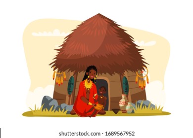 African Tribal Woman With Child Eating Banana. Cartoon Family Sitting Near Hut. Tribe Ethnic Culture Traditional. Taking Care Of Kids. Natural Landscape. Indigenous Settlement. Vector Illustration