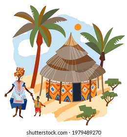 African tribal woman with child, hut in palm trees. Mother standing and holding hands with little kid near house vector illustration. Girl in dress with traditional elements and boy.