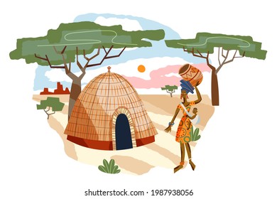 African tribal woman woman with kid and carrying jug on head. Mother standing with little kid near house vector illustration. Girl in dress with traditional elements and baby.