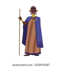 African tribal woman with long beads around her neck, long dress and cape, with traditional jewelry and stick. Colorful vector illustration African aborigines in ethnic clothes isolated on white