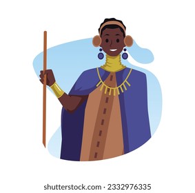 African tribal woman with long beads around her neck, long dress and cape, with traditional jewelry, stick. African aborigines in ethnic clothes. Colorful vector isolated illustration half body framed