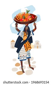 African Tribal Woman With Plate Of Fruit On Head. Young Girl In Tribe Carrying Food Vector Illustration. Female In Dress With Traditional Elements In Town On White Background.