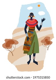 African tribal woman smiling and waving hand. Young happy girl in tribe vector illustration. Female in dress with traditional elements in nature with sky on white background.