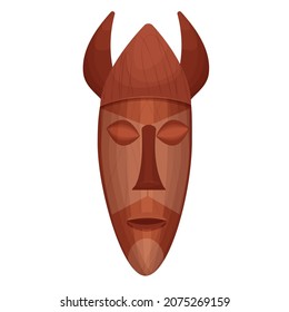 African tribal wooden mask, totem face, aborigine avatar in cartoon style isolated on white background. Detailed objects.