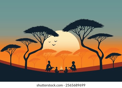 an African tribe around a campfire in the evening savannah flat vector illustration