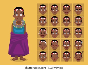 African Tribe Clothes Female Maasai Cartoon Emoticon Faces Vector Illustration