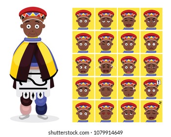 African Tribe Clothes Female Ndebele Cartoon Emotion faces Vector Illustration