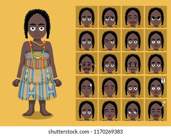 African Tribe Clothes Female Nzema Cartoon Emoticon Faces Vector Illustration