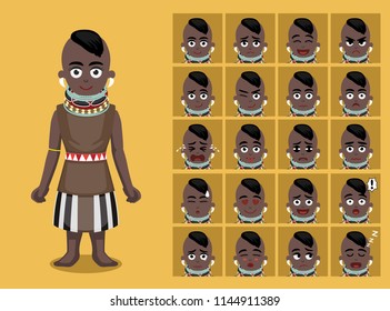 African Tribe Clothes Female Turkana Cartoon Emoticon Faces Vector Illustration