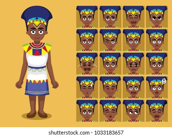 African Tribe Clothes Female Zulu Cartoon Emoticon Faces Vector Illustration