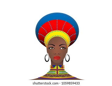 African Tribe Clothes Female Zulu, portrait of cute south african woman. Typical clothing for married women, young girl of Bantu nation. Afro Headdress with ethnic earrings and necklace Vector isolate