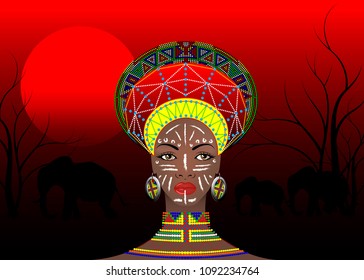 African Tribe Clothes Female Zulu, portrait of cute south african woman of Bantu nation. Typical Afro Headdress with ethnic earrings and necklace. Vector isolated or African red sunset batik style