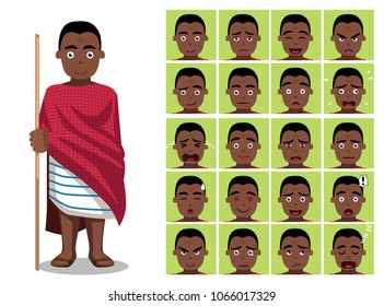 African Tribe Clothes Male Chaga Cartoon Emotion faces Vector Illustration
