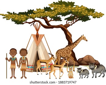 African tribe with group of wild african animal on white background illustration