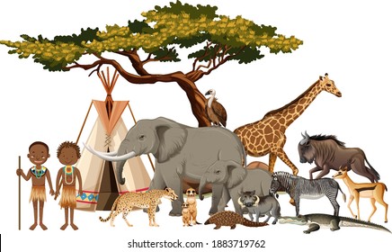 African tribe with group of wild african animal on white background illustration