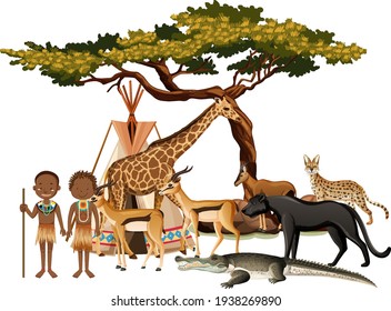 African tribe with group of wild african animal on white background illustration