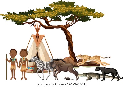 African tribe with group of wild african animal on white background illustration