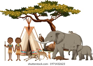 African tribe with group of wild african animal on white background illustration