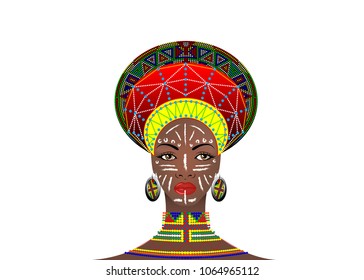 African Tribe Headdress Female Zulu, portrait of cute south african woman. Typical clothing for married women, young girl of Bantu nation. Afro tribal painted face with ethnic jewelry. Vector isolated