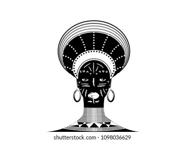 African Tribe Headdress Female Zulu, portrait of cute south african woman. Typical clothing for married women, young girl of Bantu nation. Afro tribal painted face with ethnic jewelry. Vector isolated