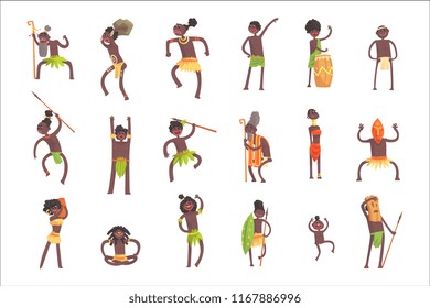 African Tribe Members, Warriors And Civilians In Leaf Loincloths Set Of Smiling Cartoon Characters