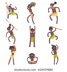African Tribe Members, Warriors And Civilians In Leaf Loincloths Set Of Smiling Cartoon Characters