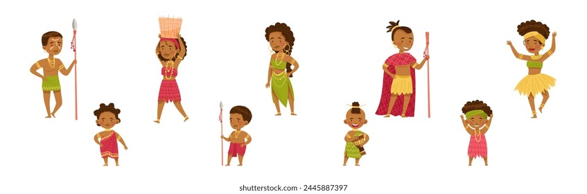 Personaje de Personas de tribu africana con hombre nativo y mujer con conjunto de Vector infantil