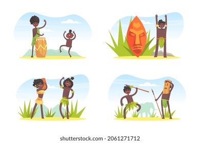 African Tribe People Character in Traditional Loincloth and Palm Leaf with Spear and Drum Vector Set
