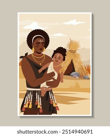 Cartaz da tribo africana. Mulher de roupas tradicionais com bebê nos braços. Cultura, história e tradições da África. Povo tribal. Ilustração de vetor plano isolada no plano de fundo bege