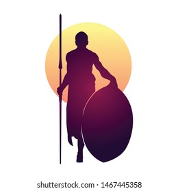 African tribe warrior with his shield and spear. Logo/icon illustration.