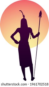 African Tribe Warrior Woman With Her Spear. African Woman In Front Of Sunset. Logo Icon Illustration.