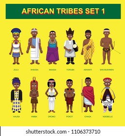 African Tribes Cute Characters Cartoon Set Vector Illustration