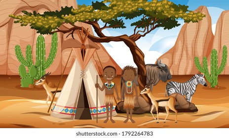 African tribes family in wild nature background illustration