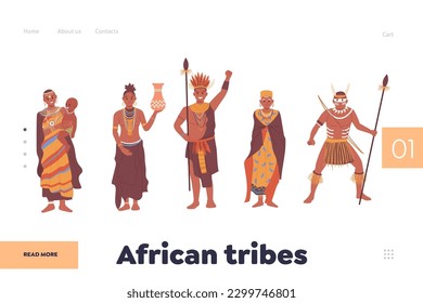 African tribes landing page design template with male or female character in traditional clothes